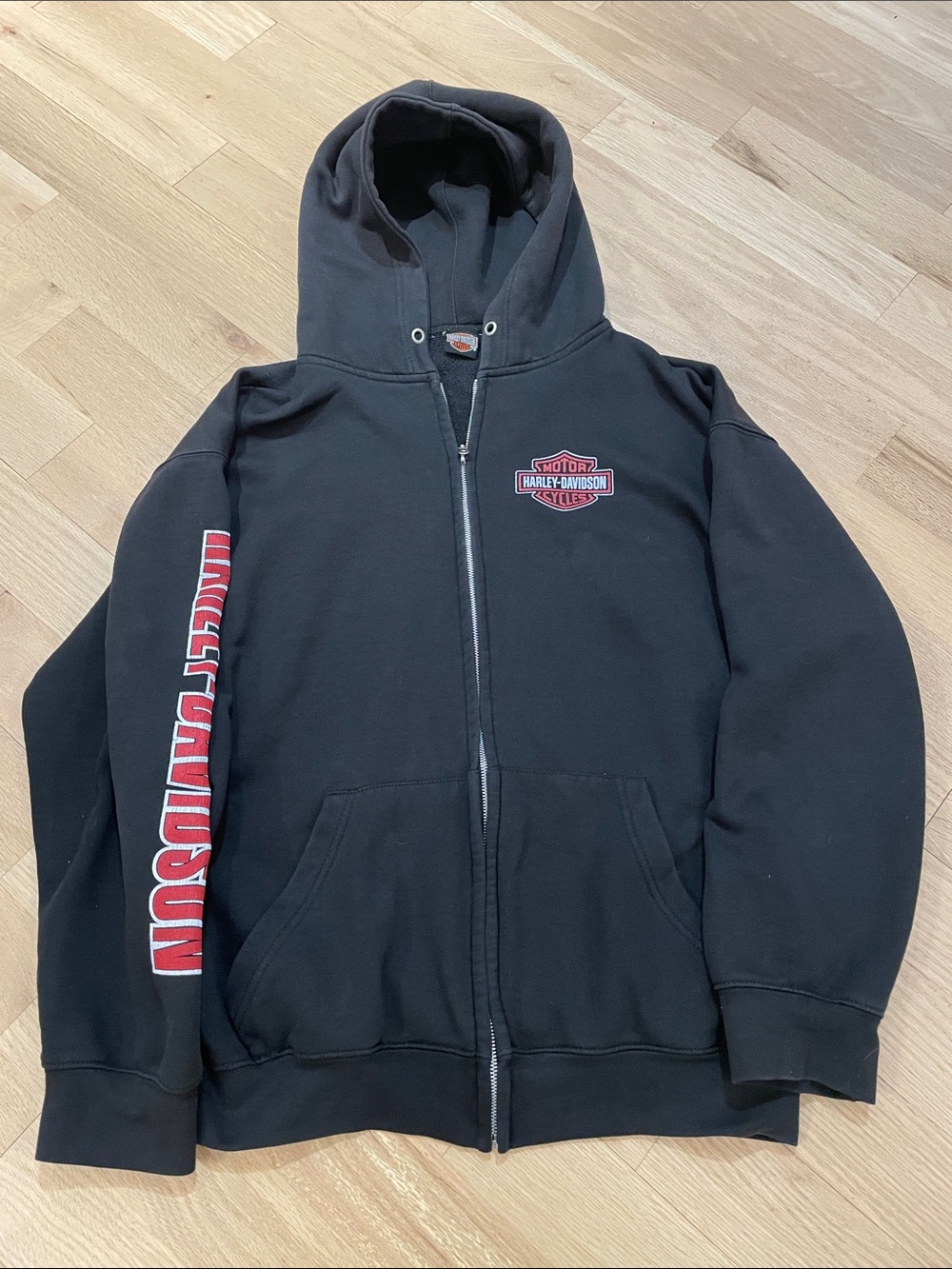Y2K Harley-Davidson Black Zip Hoodie with Red Logo